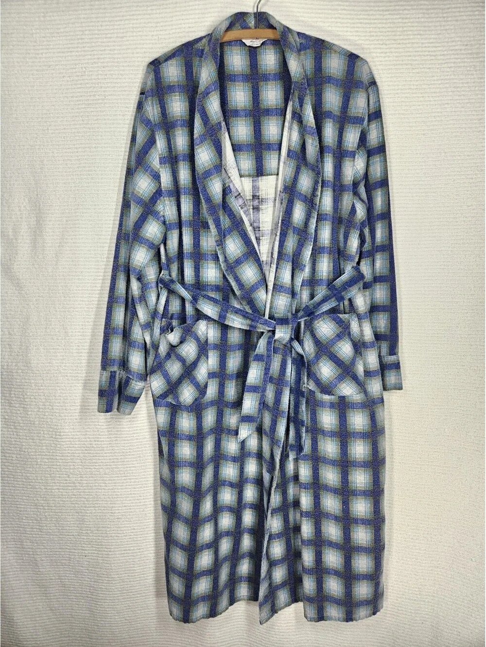 Vintage 1960s Men's Robe wSash XL Windowpane Plaid Flannel 100% Cotton Retro